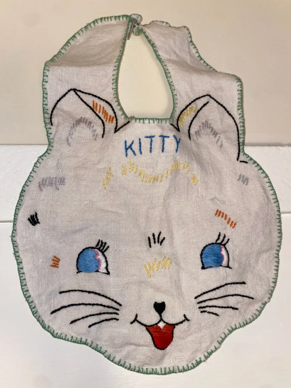 Vintage Kitty & Puppy Embroidered Baby Bibs Set Handmade Animal Face